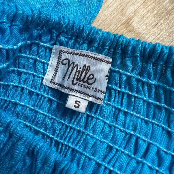 Mille Resort Mini Dress Smocked Turquoise Blue Linen Dress Ruffle Sleeves Size S - Picture 8 of 14